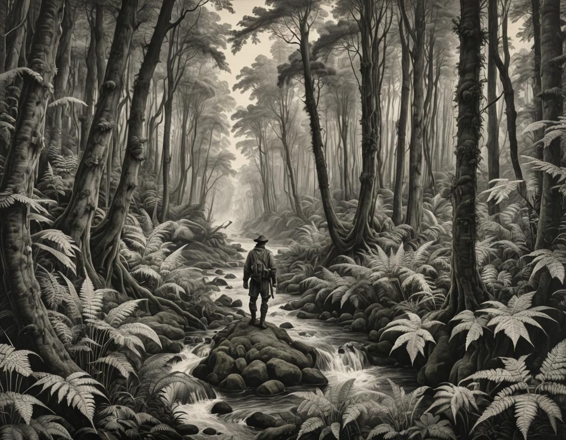 an explorer in forest of giant ferns with a river running th...