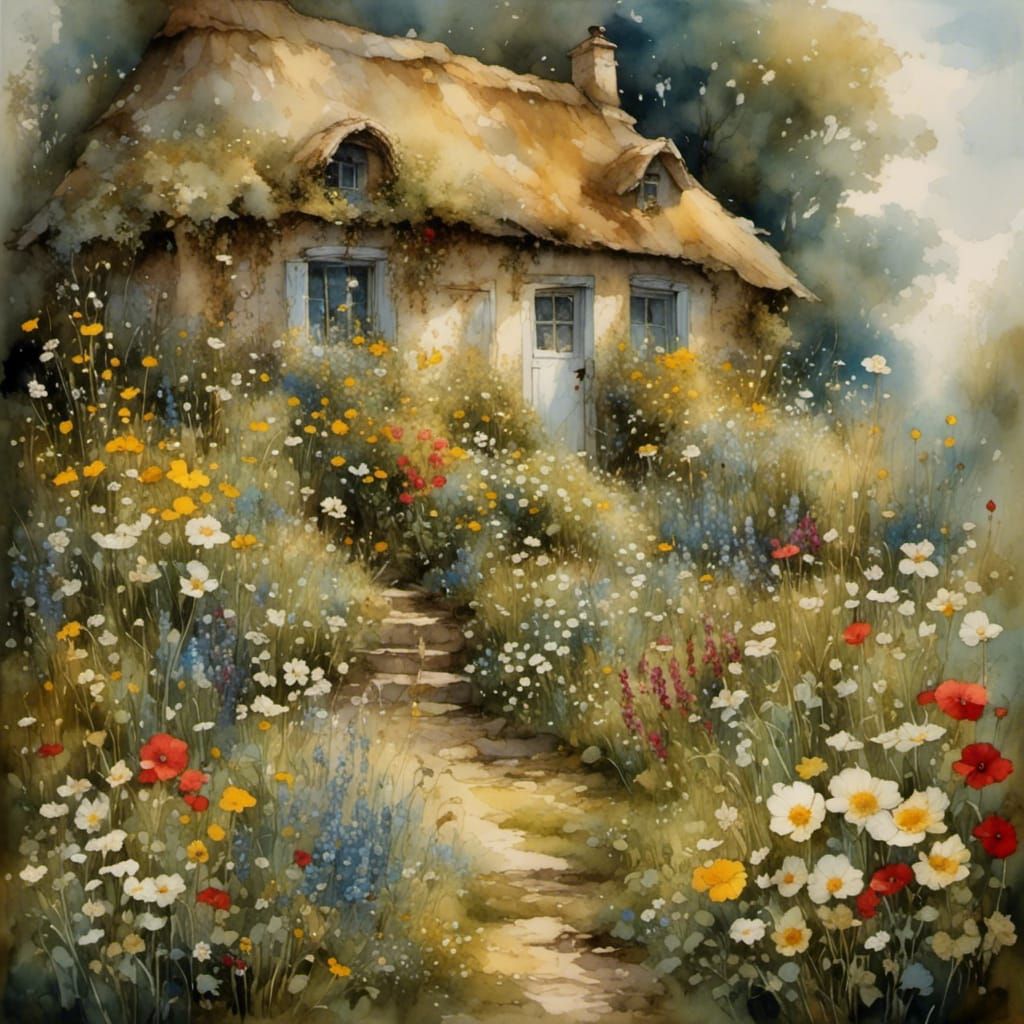 little cozy cottage in a garden with wildflowers <lora:a golden world:1.0> 