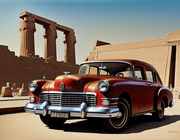 Vintage Red Car at Luxor Temple Oil Painting