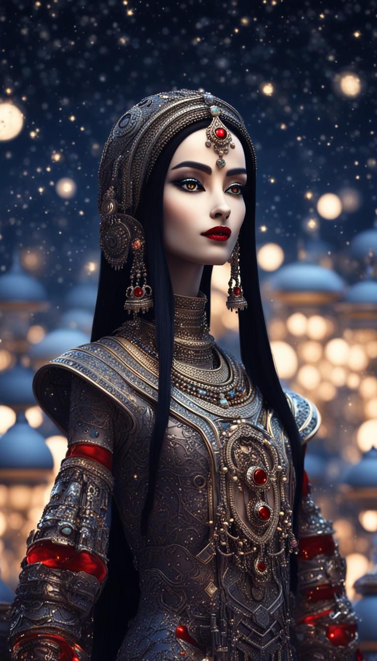 A beautiful female robot with deep brown eyes and long black...