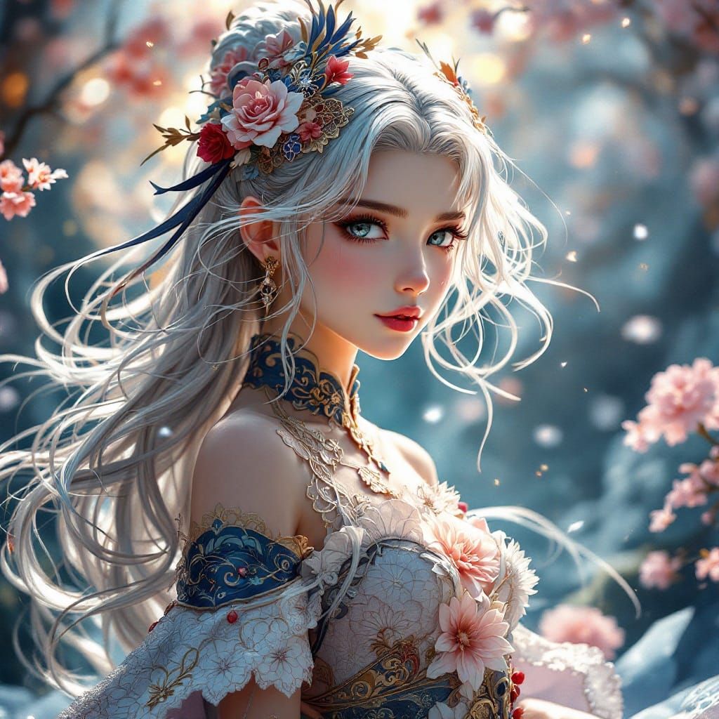 Surreal Anime Goddess with Vibrant Hair and Fantastical Outf...