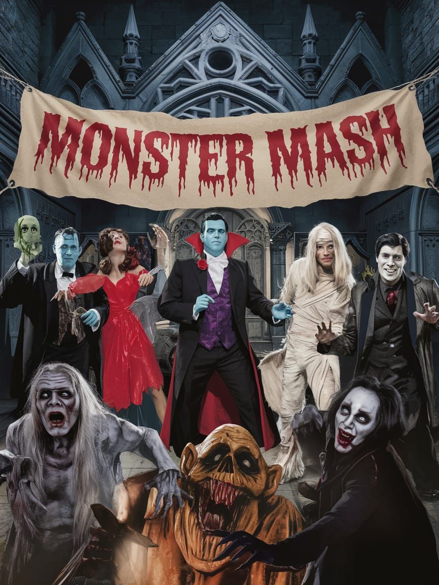 A photo of a Halloween party at Dracula's mansion. There are Frankenstein, the Bride of Frankenstein, Dracula, the Wolfman, the Mummy, and t...