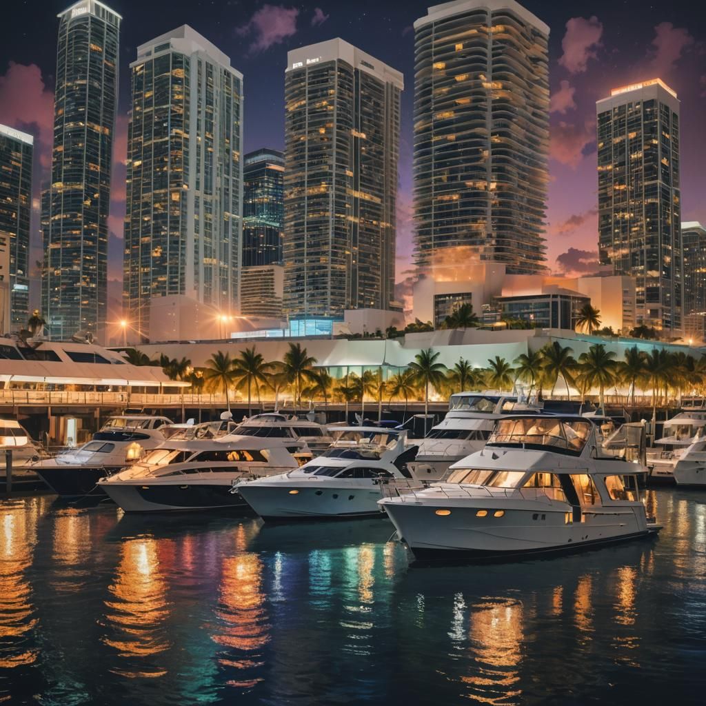 Yachts on the Miami River at midnight on a Friday night