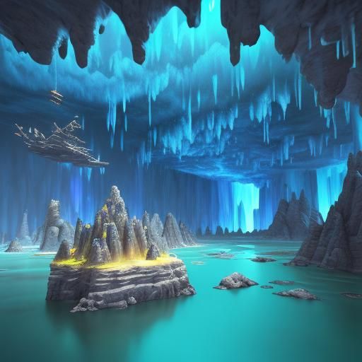 Surreal Underground Cave with Blue Aurora in 3D