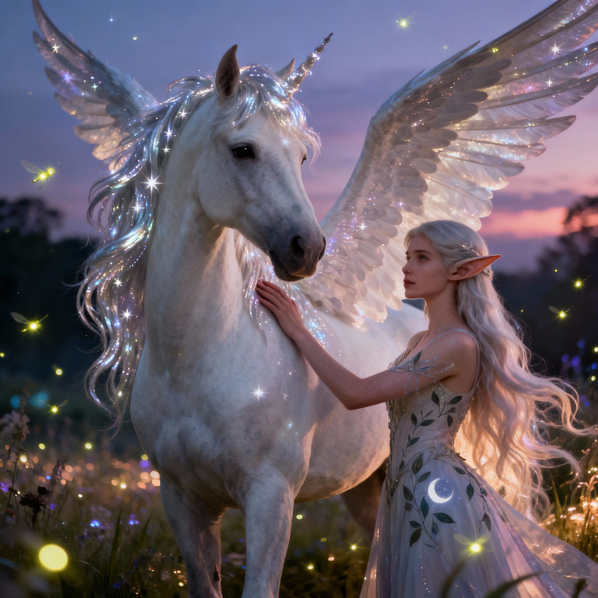 A breathtakingly beautiful pegasus with gleaming white fur and majestic wings, standing in a glowing fantasy meadow at twilight. Its mane sh...