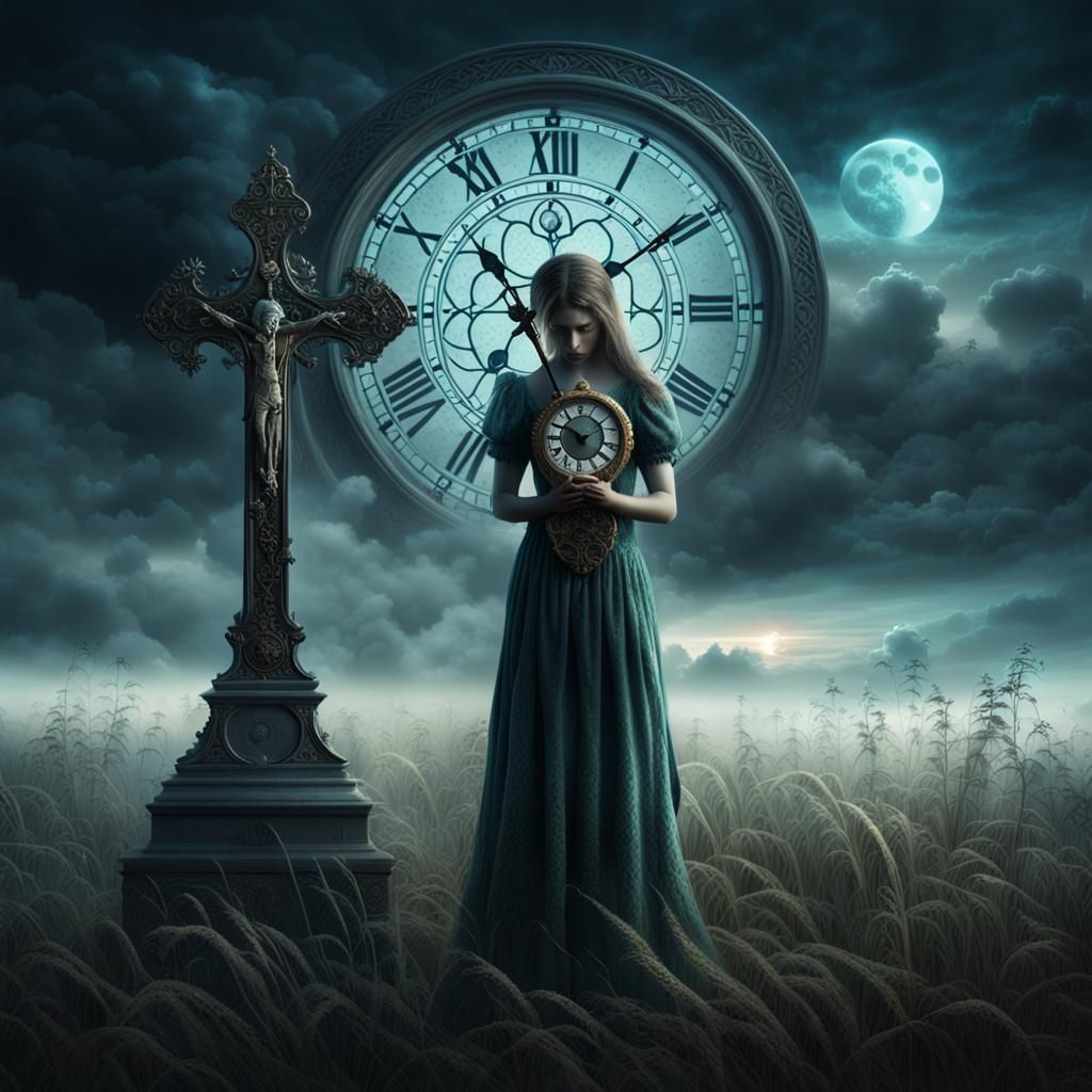Sorrowful Woman in Moonlit Field with Clock