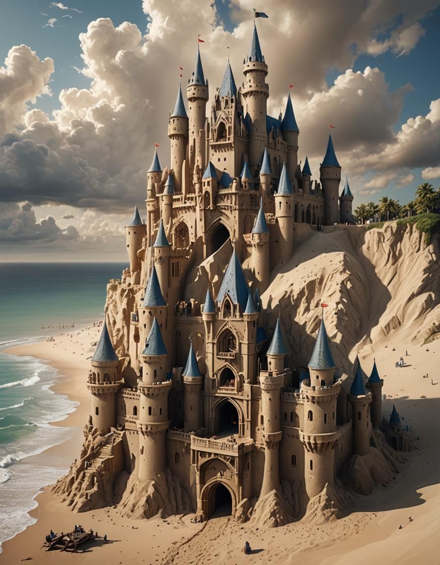 an enormous medieval sand castle on a beach  by @Runway Lights 