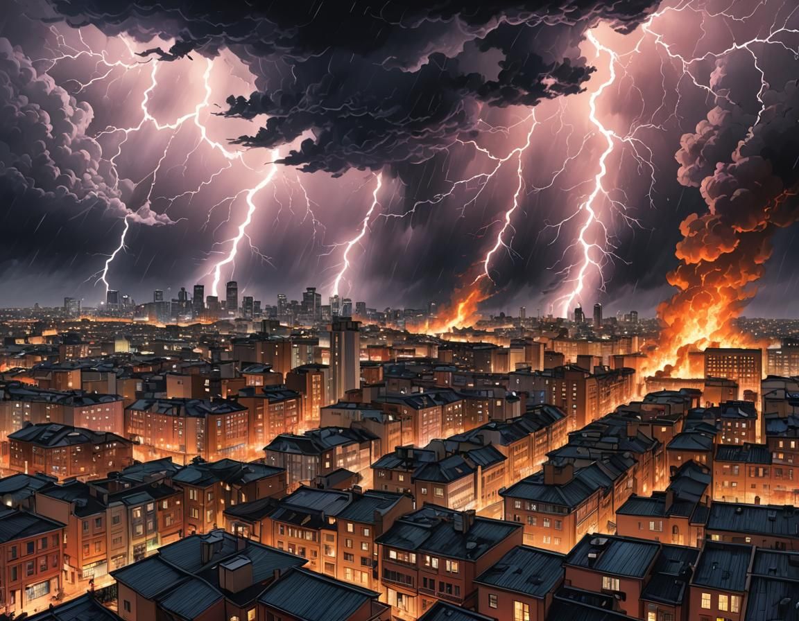 Wind tornado, lightnings and fire all over the city.