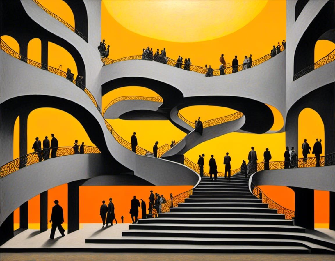 Giorgio di Chiricco, A crowd of many different people near and far  walking, museum, room with a view, golden shimmer, gilded sunset, sparkl...