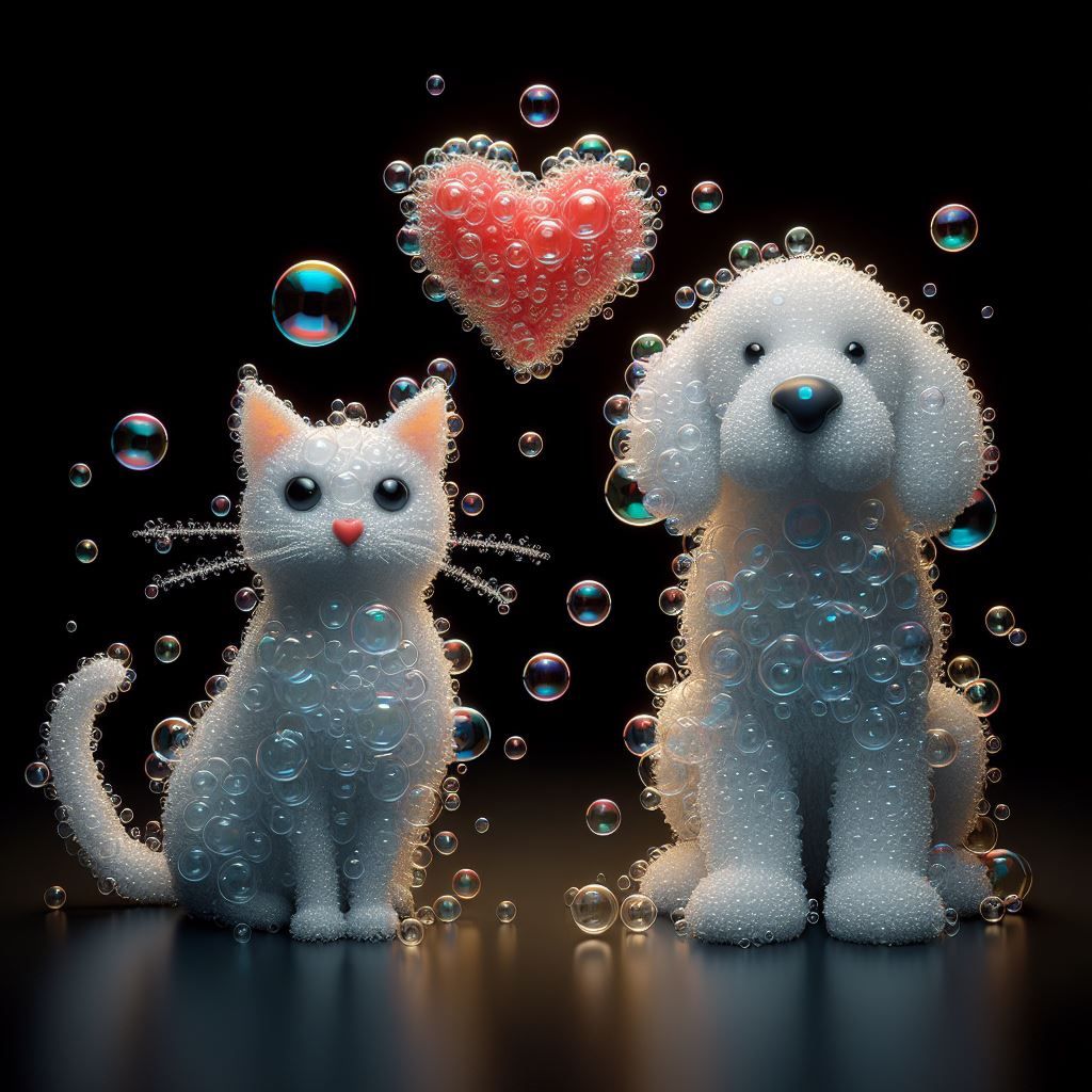 cat and a dog made out of soap bubbles