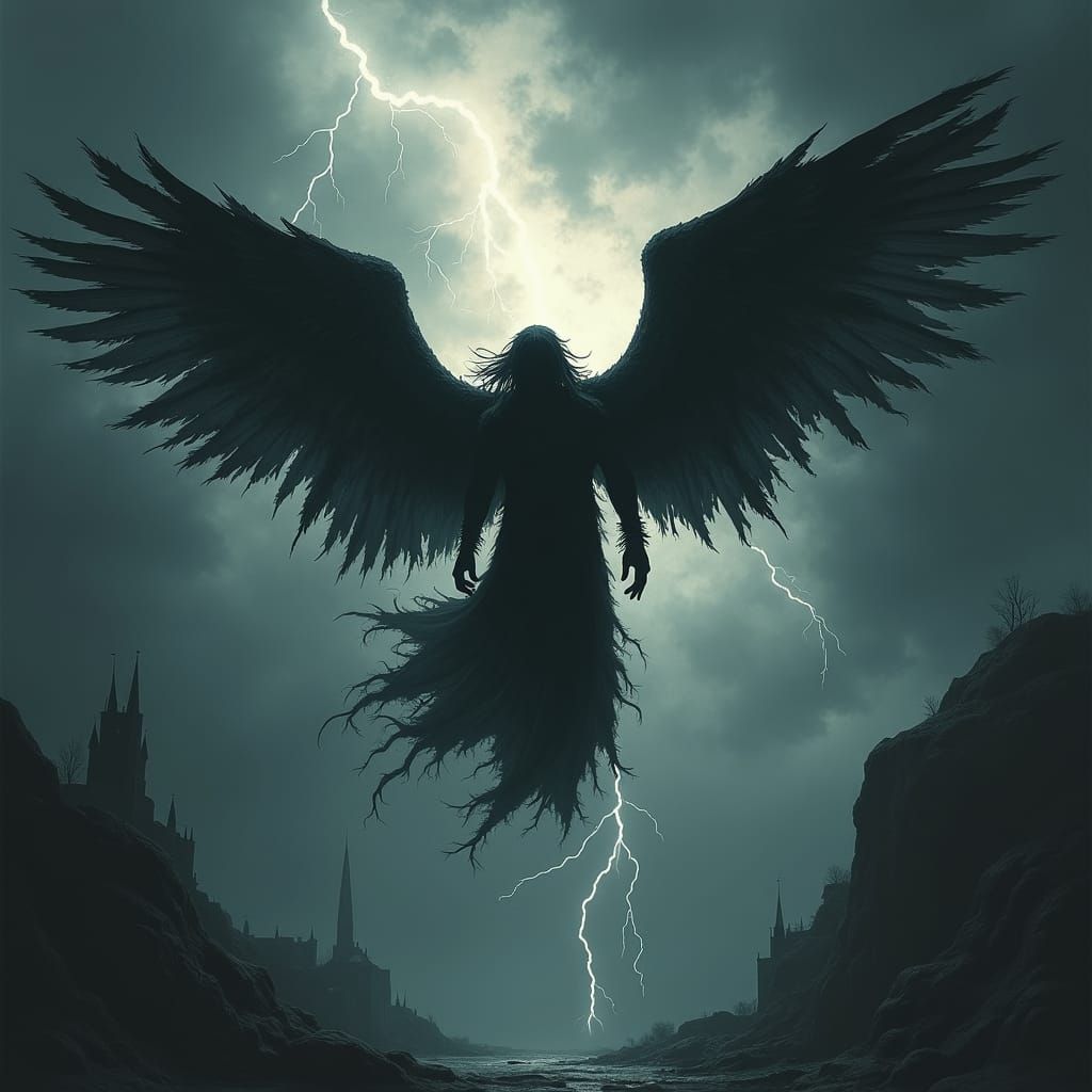 Foreboding Angel Soaring Through Ominous Thunderstorm