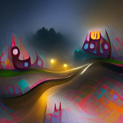 A misty road leading to a city of weird shapes at night