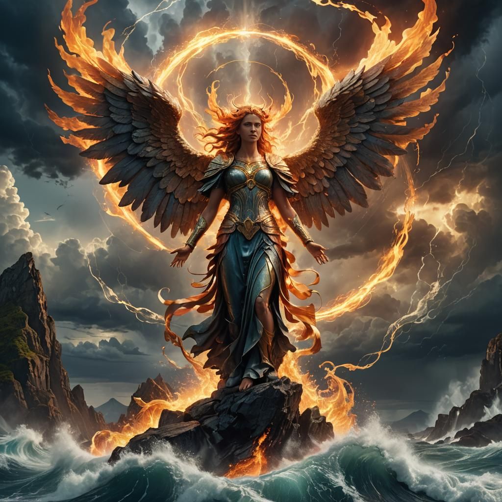 A powerful angel harmoniously blending elements of fire, wat...
