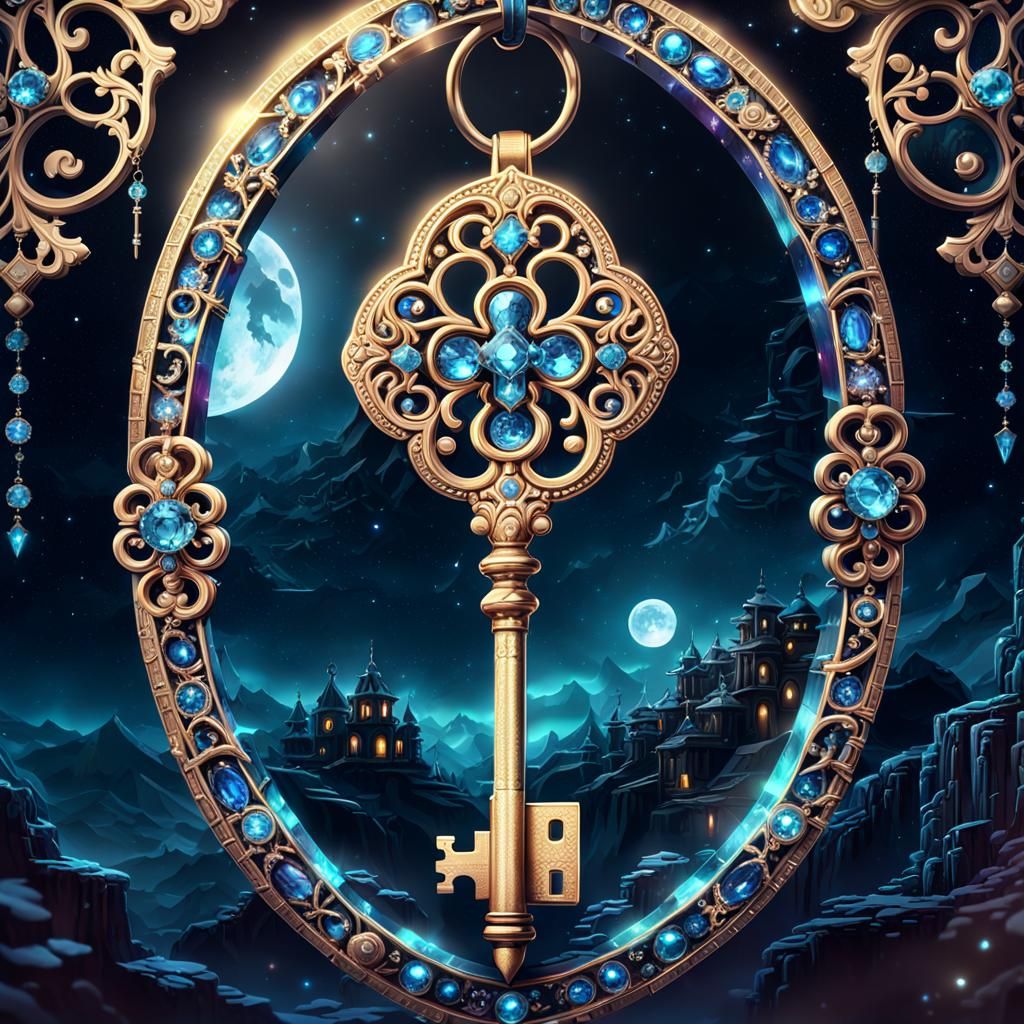 A  beautiful, bejeweled, detailed key hanging in the moonlight.   by @Suz