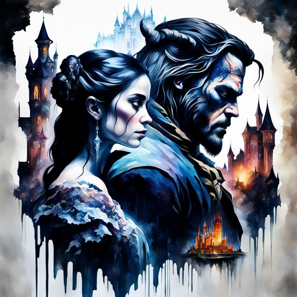 A double exposure portrait featuring Beauty and the Beast, s...