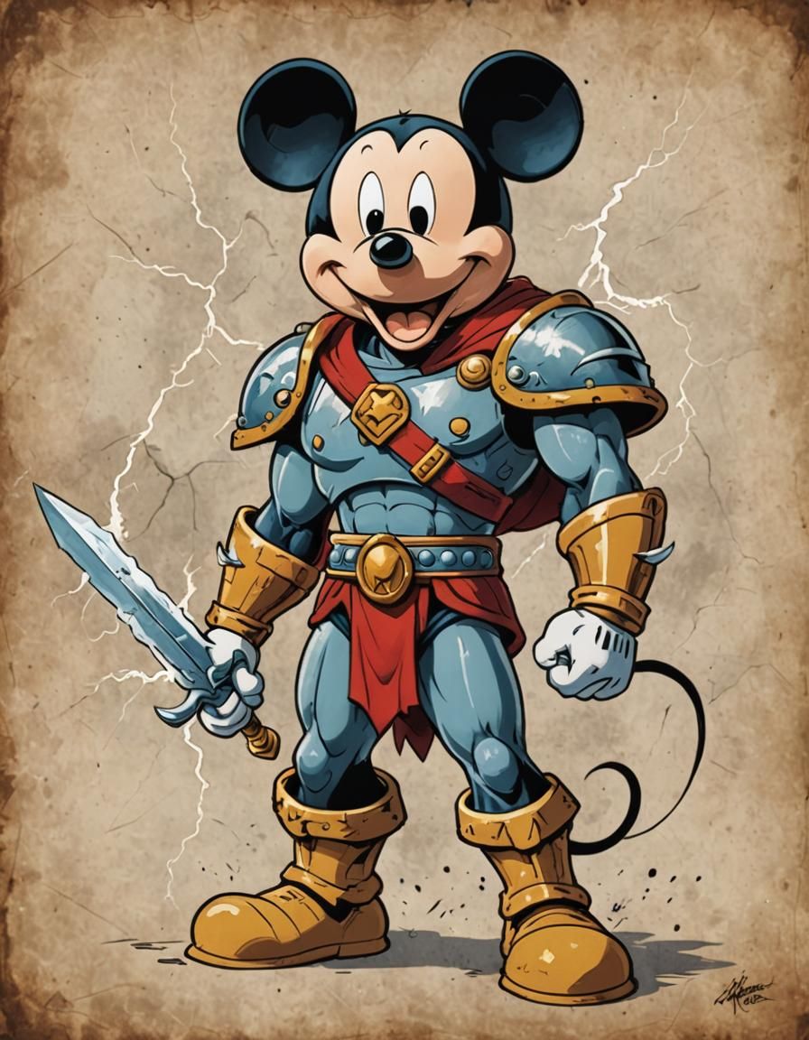 Mickey Mouse, in the style of He-Man, outside Greyskull Castle, holding ...