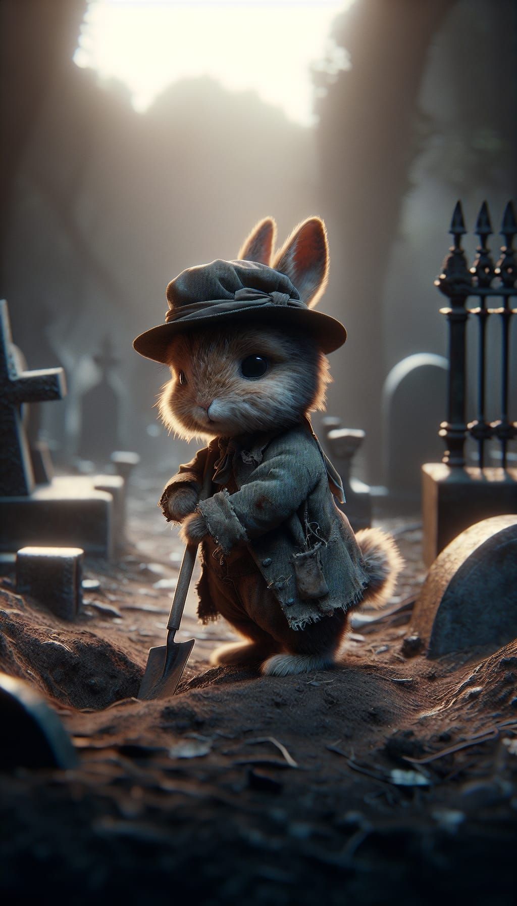 Photorealistic Tiny cute rabbit gravedigger dressed in tattered clothes in a cemetery, antropomorphic, dim lighting, hyperrealistic, Ruan J...