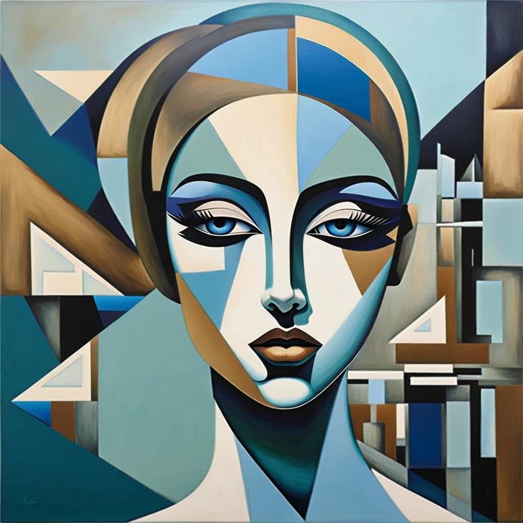 (cubist oil Painting) of double exposure layered art close up portrait of A beautiful mysterious woman and a lake in the mountains moonscape...