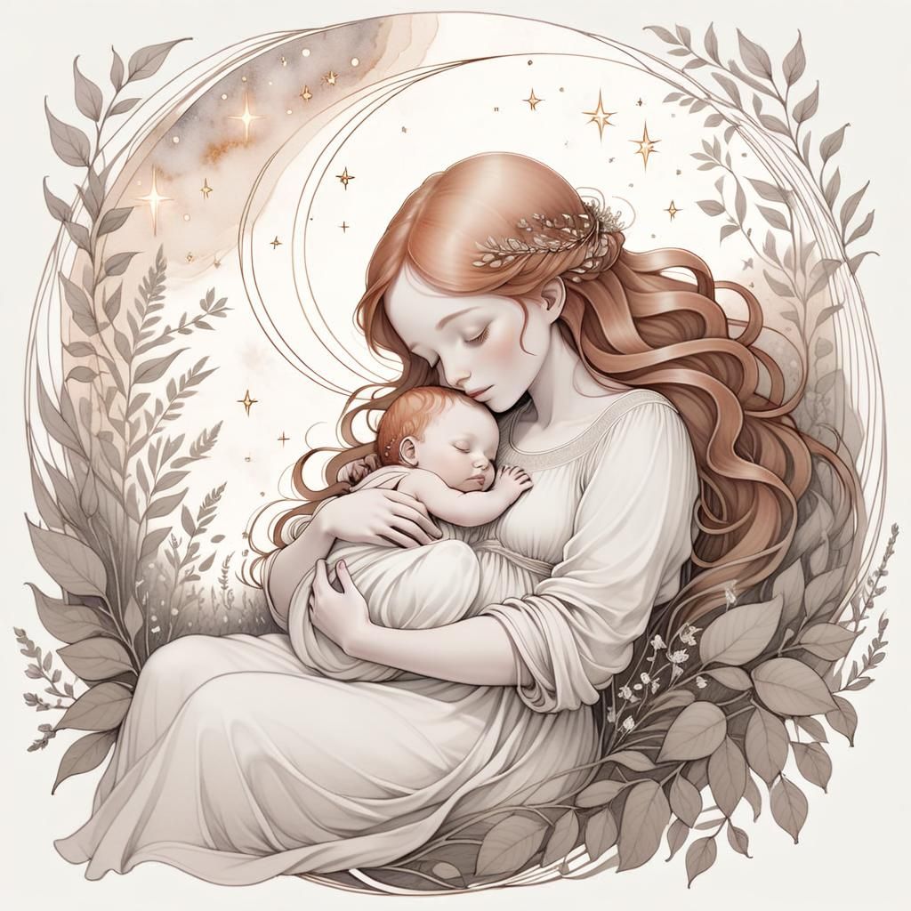 Basic line drawing as if from a colouring book of a peaceful, tender