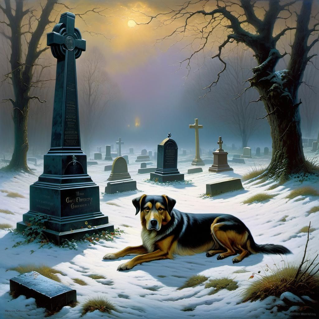 A very old dog lays by a grave as it rains: oil painting, sad, ethereal, fantasy, mist, horror, sinister ...  by @David Cameron Law