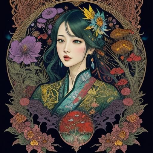 Elegant fantastical  Herbarium wildflowers berries zentangle...