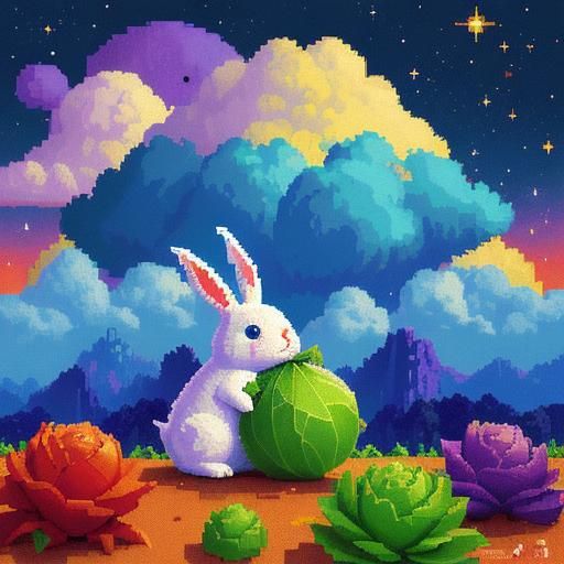 Pixelated rabbit and pixelated cabbage in outer space 
Pixel...