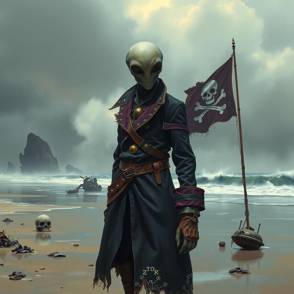 Sorrowful Alien Pirate on Stormy Beach