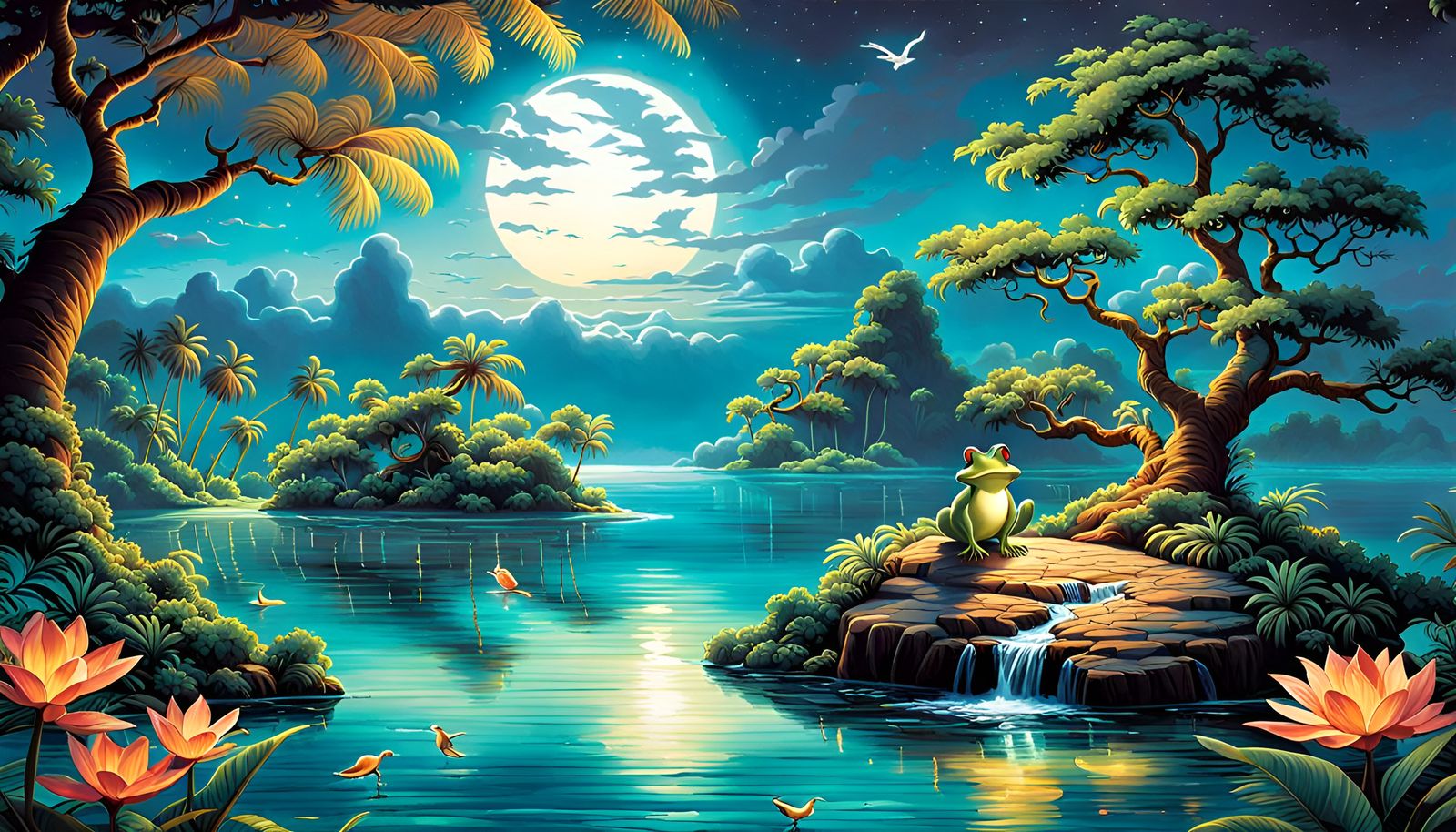 An enchanting island oasis scene set against the backdrop of an amazing night  by @Tikissat