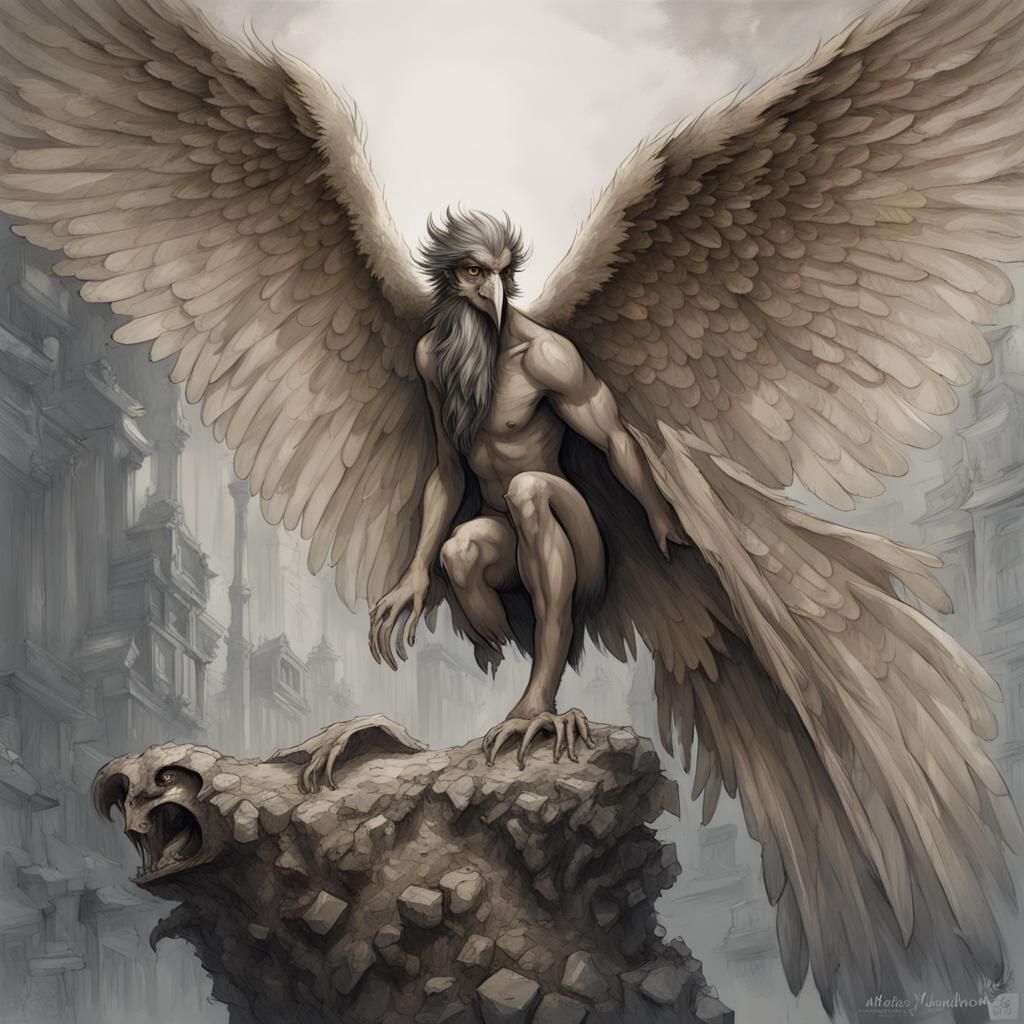 Dark, male harpy, human head, bird body, detailed, intricate. Black and ...