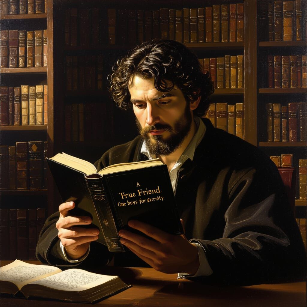 Man Ponders Friendship in Chiaroscuro Library