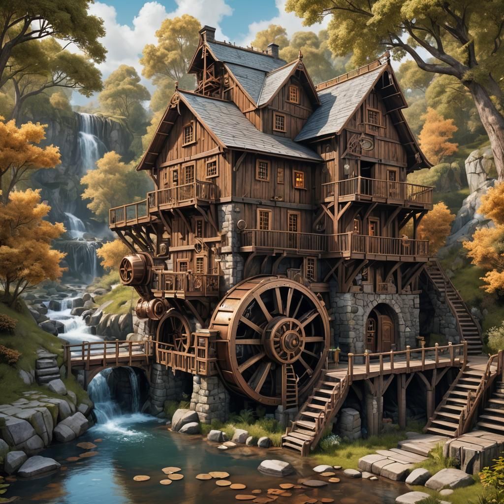 steampunk tranquil watermill