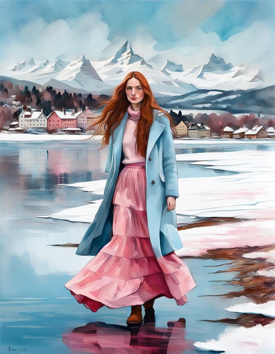 Swiss woman walking on a frozen lake with Matterhorn in the ...