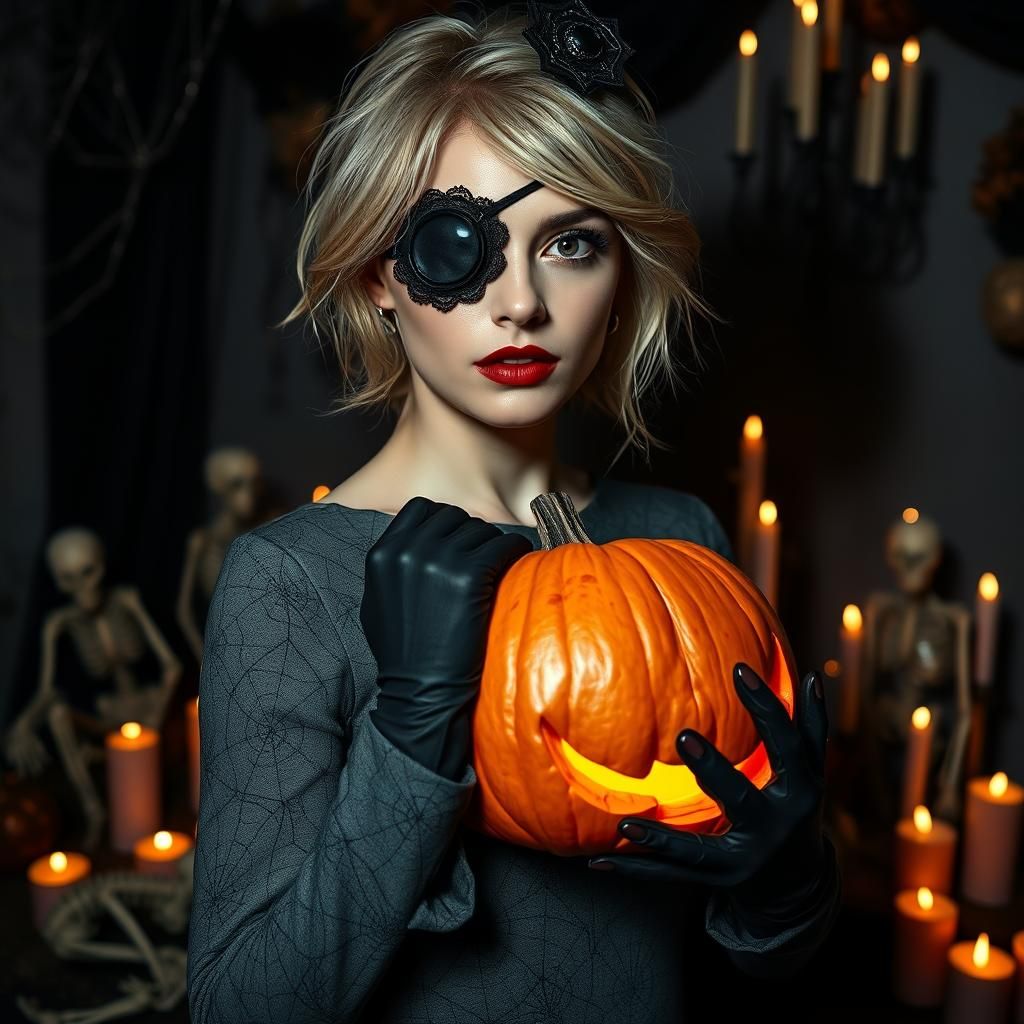 Young woman with dingy hair wearing a Halloween outfit with ...
