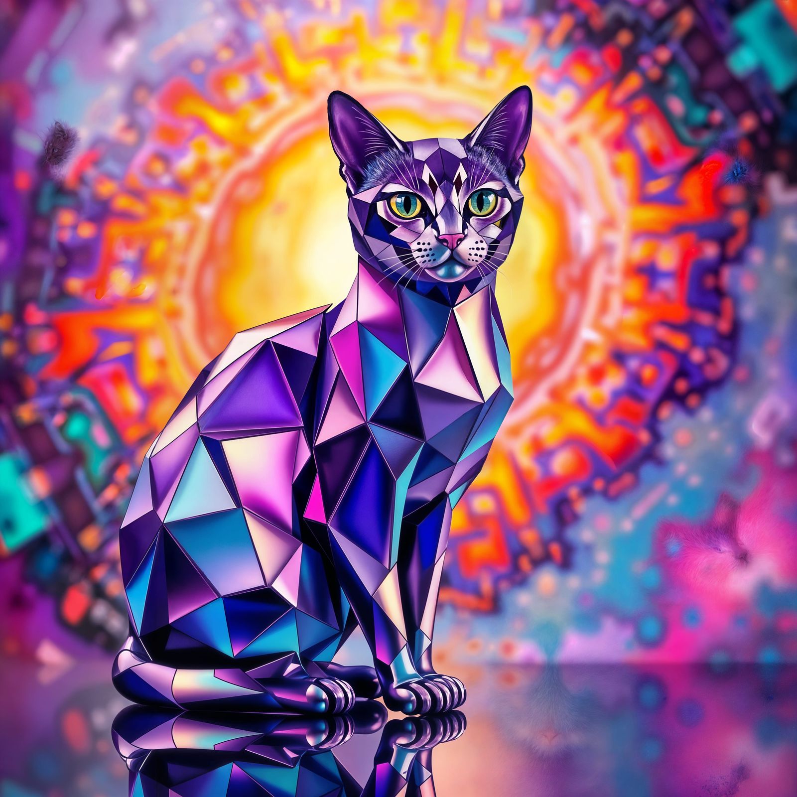 A cat, abstract, geometric shapes, purple glass fur  by @Bunnzo