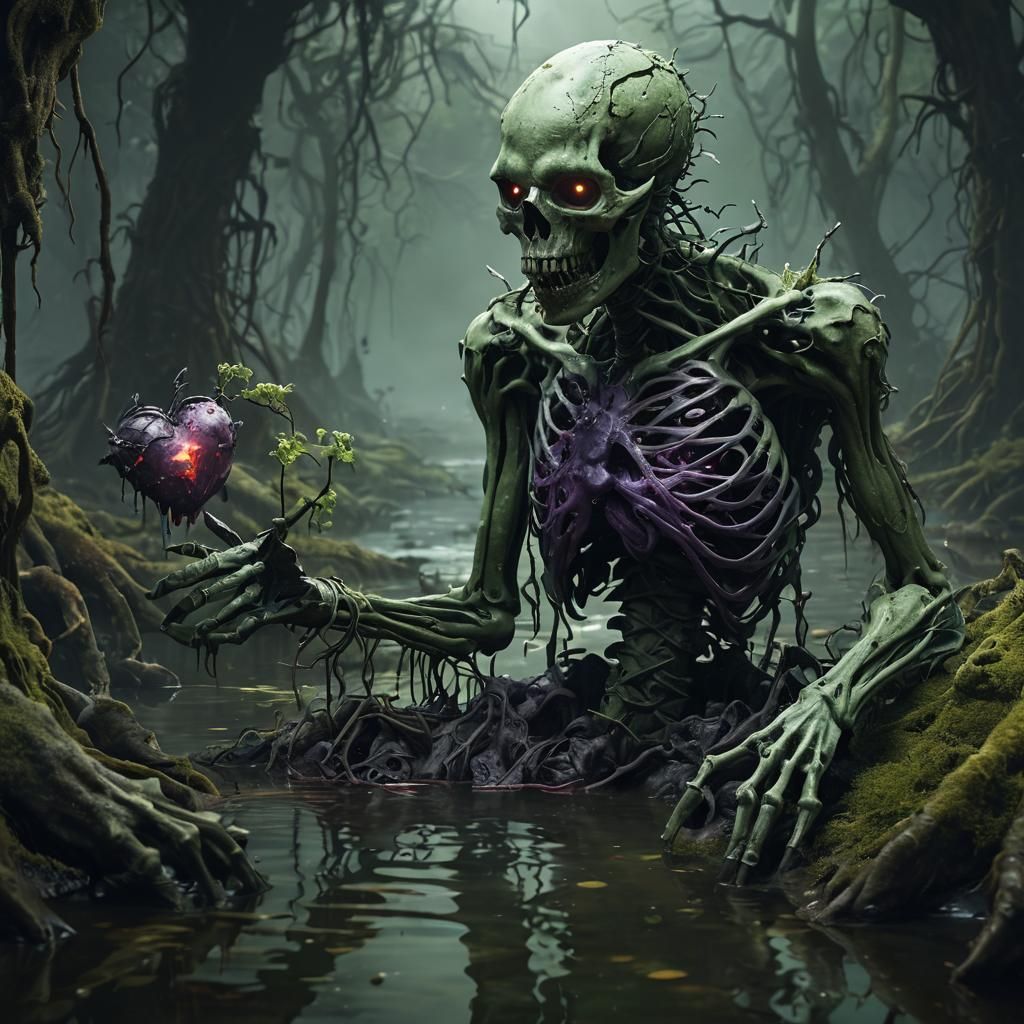 Create a horrifying skeletal monster with a rotting, sinewy body bound together by decayed vines and tendons, standing in a dark, eerie envi...