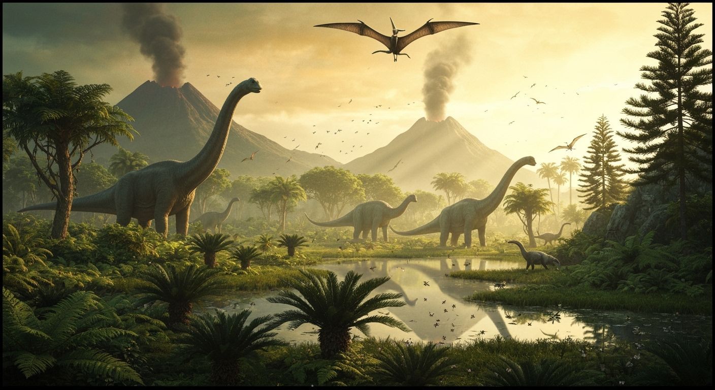 Lush, primeval Jurassic landscape teeming with life- dense fern forests, towering cycads, primitive conifers, ...  by @Mattc376