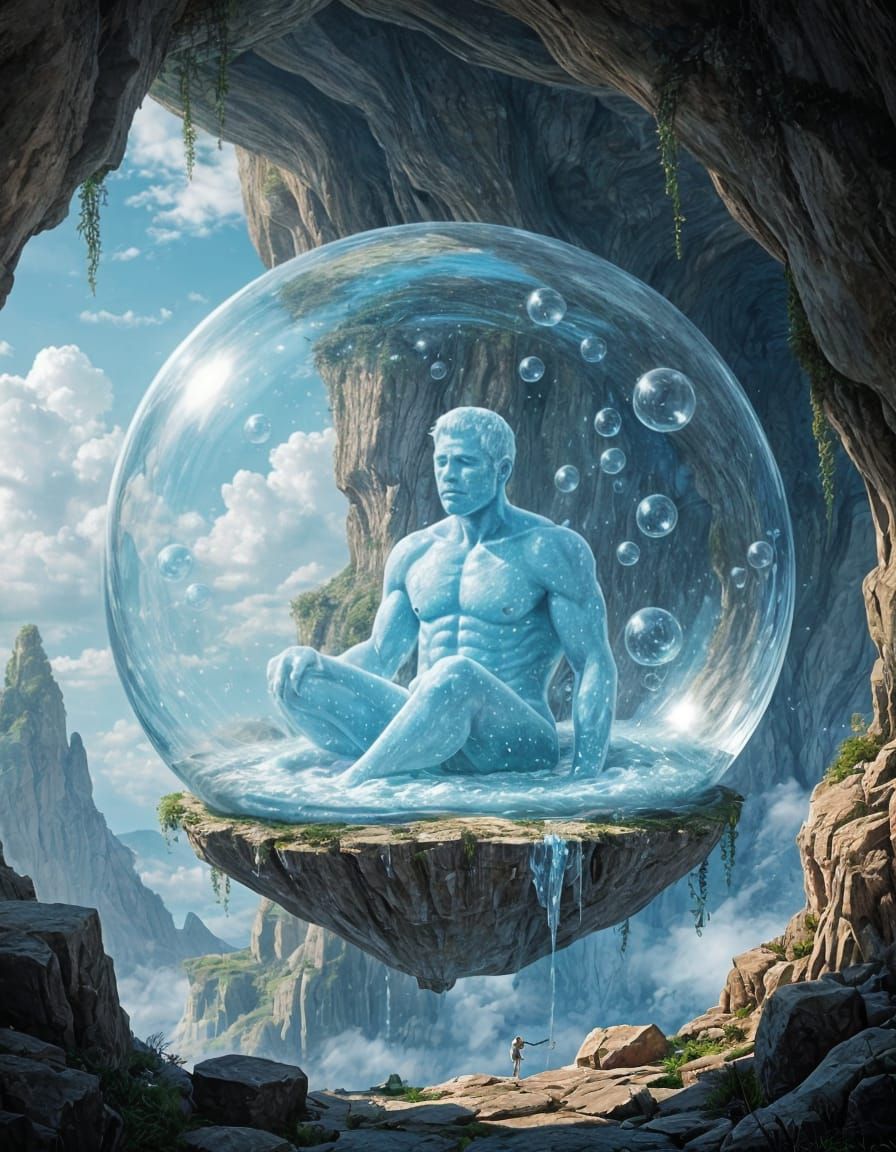 A fantasy bubble where a man made of bubbles lives inside a floating bubble cave  by @Ishi no Yanagi