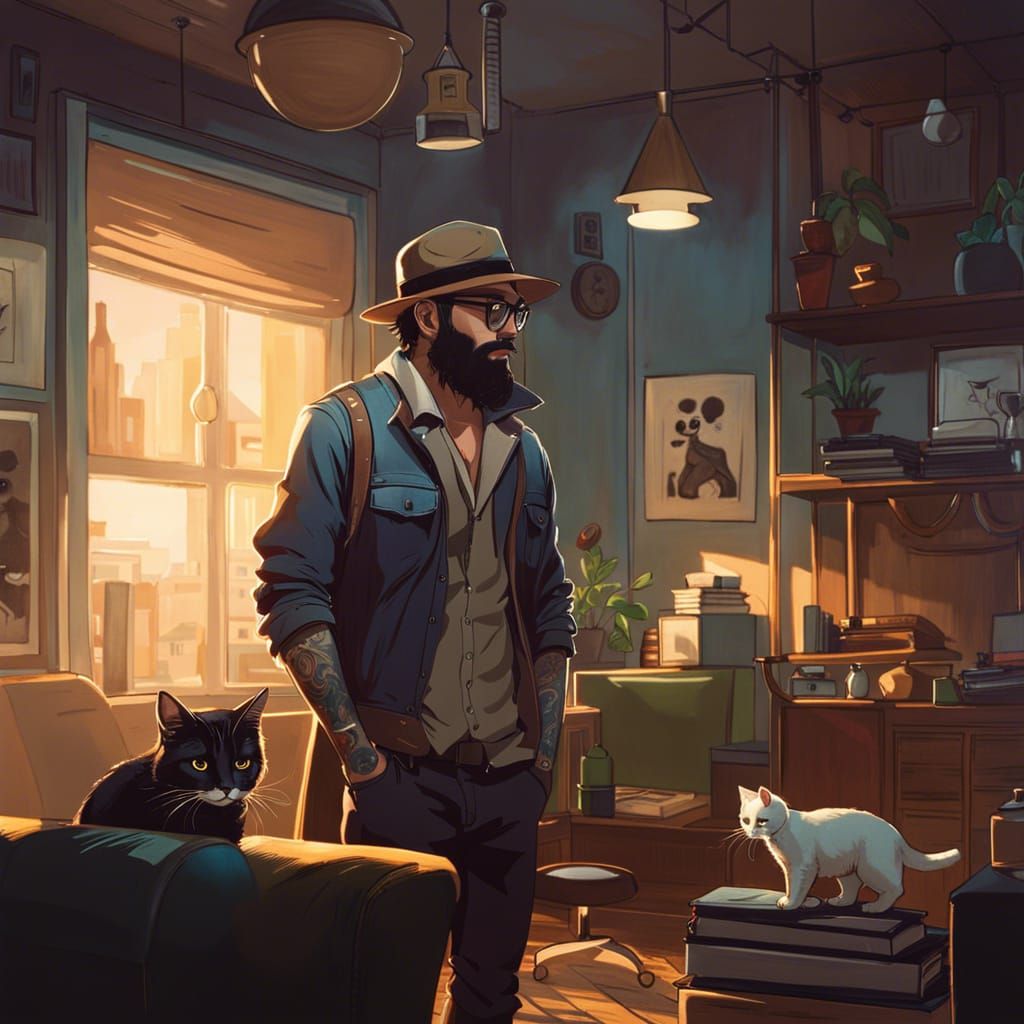 a cool hipster style man with a beard and hat, glasses and tattoos standing in a modern hipster apartment ...  by @Cute dog