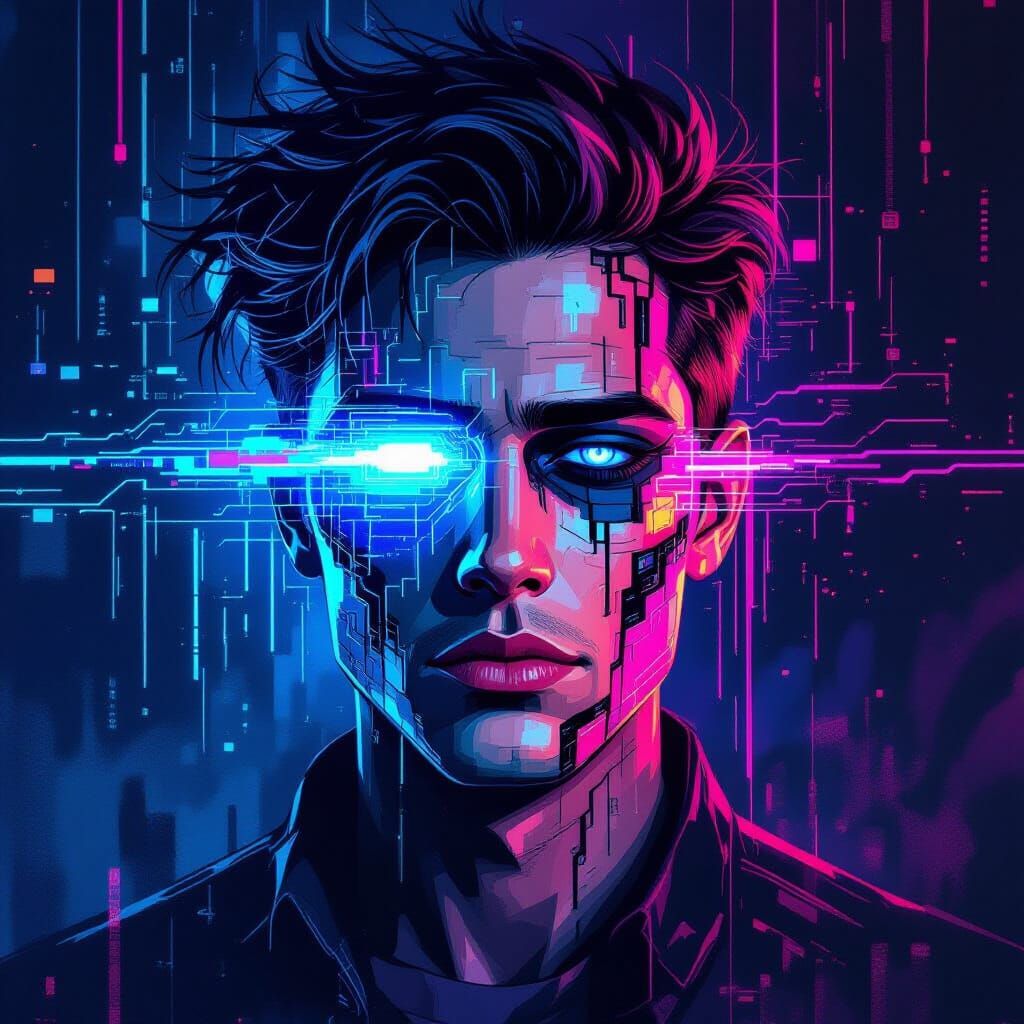 A surreal cyberpunk portrait of a person mid-glitch — their face partially distorted by pixelation, digital fragmentation, and static interf...
