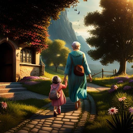 An elderly woman walking her granddaughter to school.   by @Arisiin