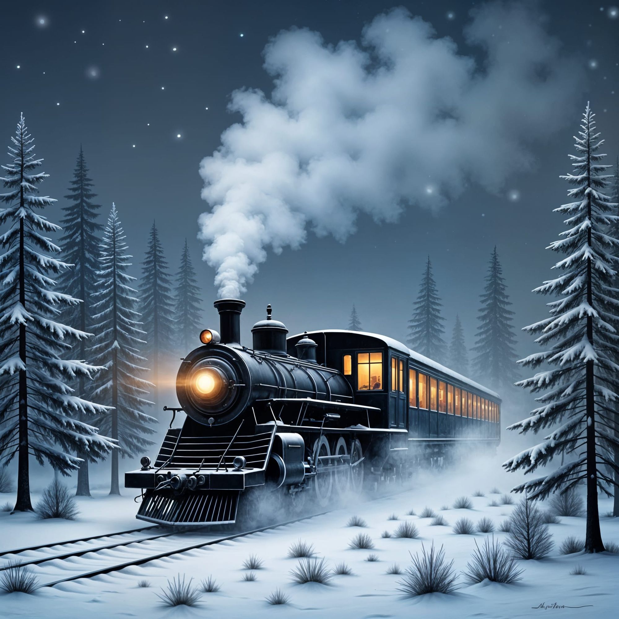  A snow train chugs through a northern pine forest 