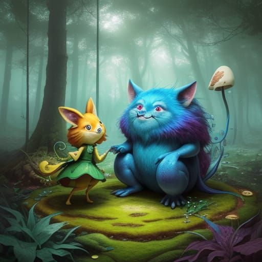 Surreal Forest Creatures Dance in Whimsical Wonderland