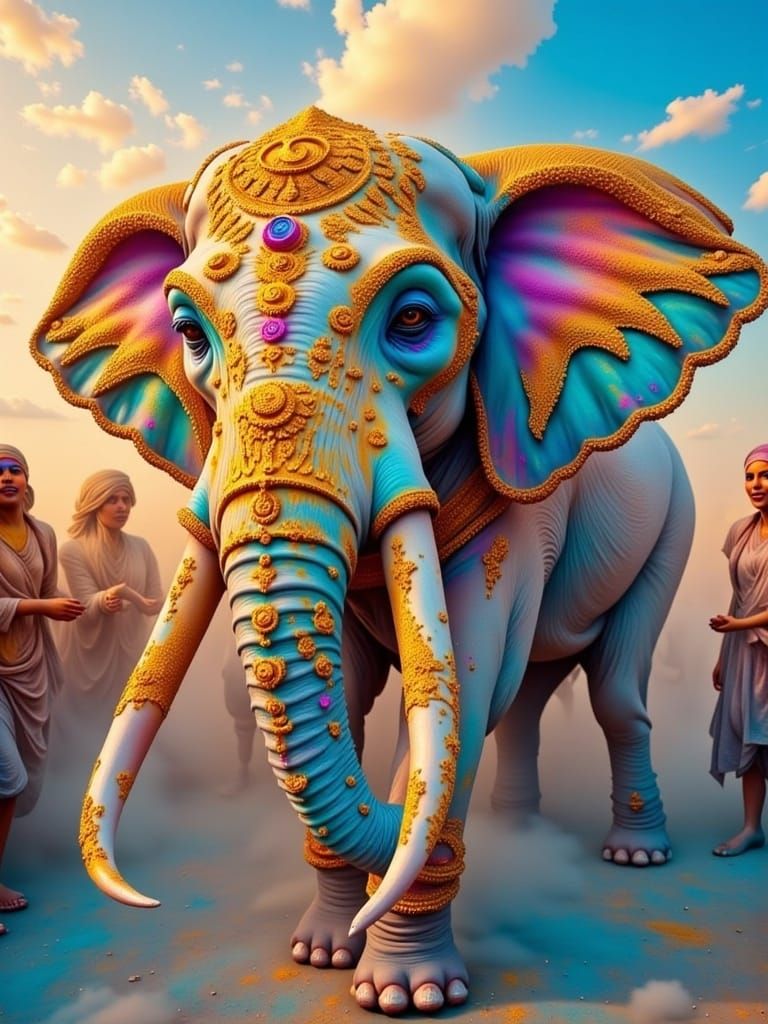 <lora:Holi for Flux:1.0> Photo; A white elephant covered in jewels and gold is painted in the style of the day of the dead sugar skull, it's...