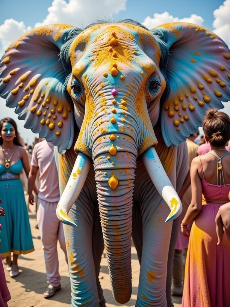 <lora:Holi for Flux:1.0> Photo; A white elephant covered in jewels and gold is painted in the style of the day of the dead sugar skull, it's...