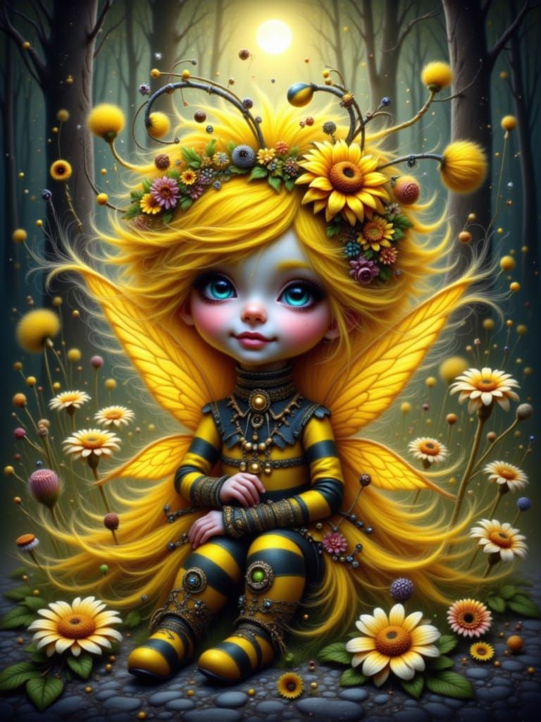 A delicate, yellow-furred fairy with iridescent black wings and a playful, mischievous expression sits serenely on the ground, clad in a bri...