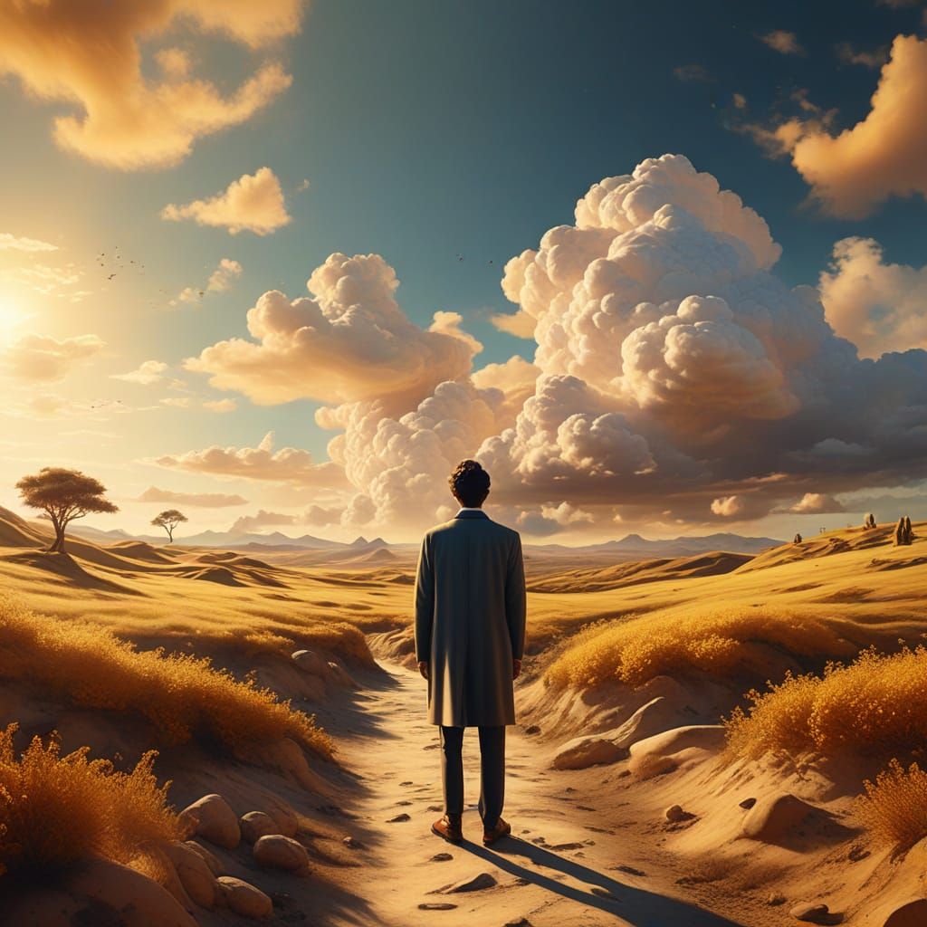 Surreal Landscape with Figure in Golden Light