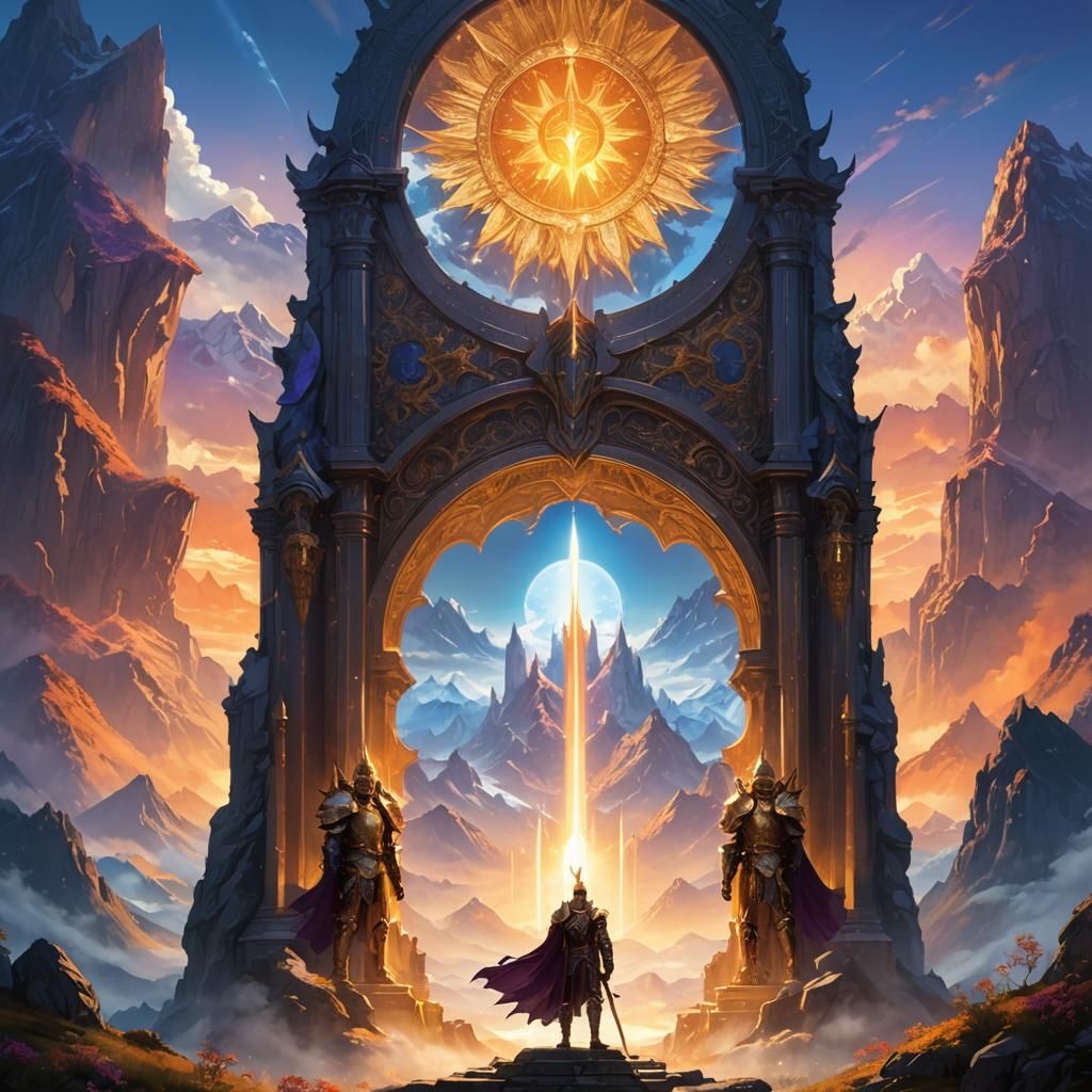 High fantasy epic holy knight standing in front of a sun shrine, epic scenic background, masterpiece, high detail, high quality, correct ana...