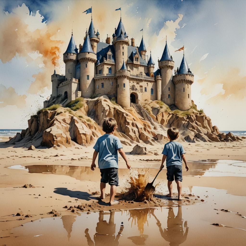 deux enfants font un château de sable sur la plage