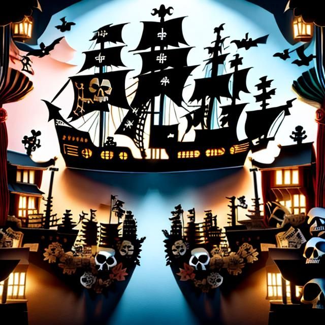  <lora:PaperArt:1.0> pirate falg with skull and crossbones, paperart, kinigami, backlit