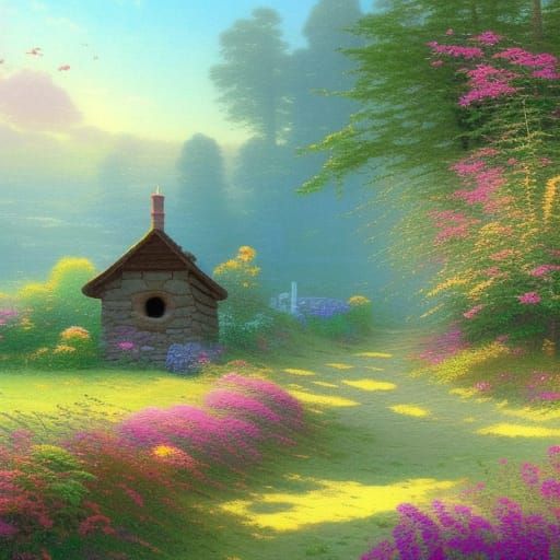 Old wooden fence on a meadow at clear dawn, small stone hut ...